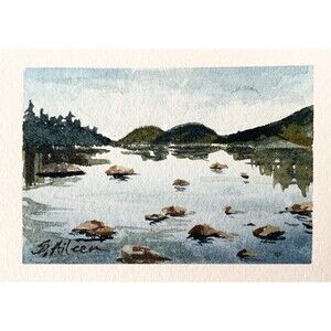 ACEO Watercolor Painting Maine Jordan Pond Acadia Bubbles Rocks 2.5x3.5" Signed